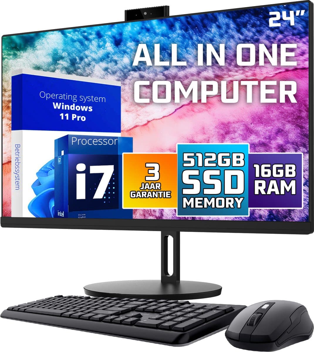 GMR All in One Desktop Computer met snelle Intel i7 | 24 Inch HD Scherm | 16GB RAM | 512GB SSD | USB3 | Windows 11 PRO | Draadloze Toetsenbord & Muis | HD Webcam | WiFi + Bluetooth | Direct klaar voor gebruik thumbnail 4