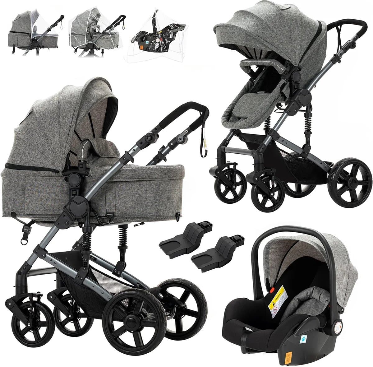 Luxe 3-in-1 Kinderwagen - Wandelwagen - Autostoeltje - Buggy - Reiswieg - Inklapbaar - 0-36 Maanden - Grijs thumbnail 3