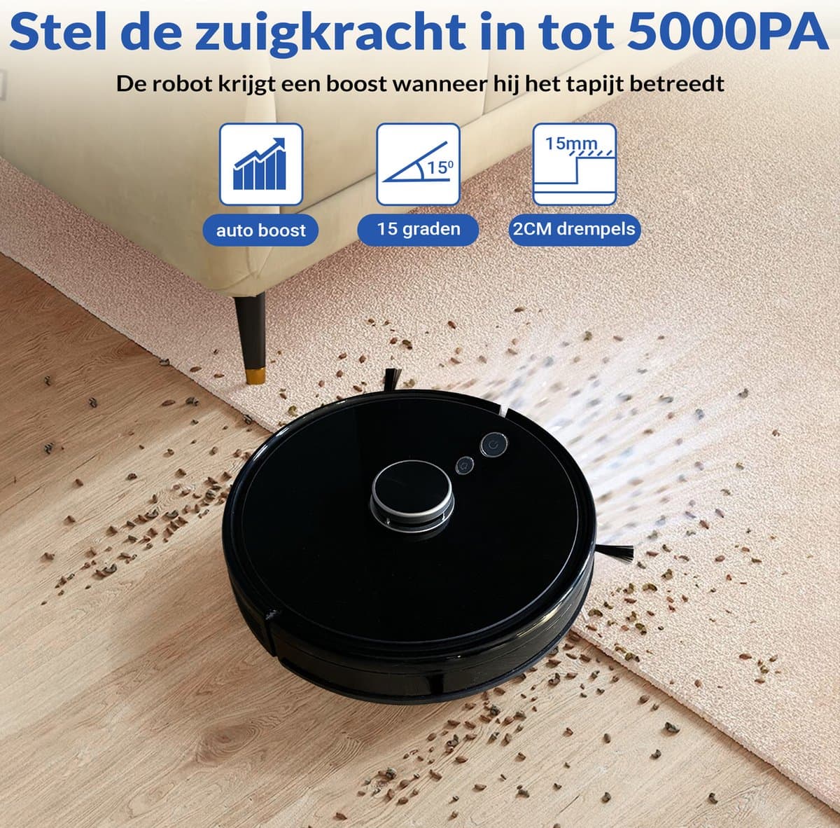 TONIHOMI® V8pro Robotstofzuiger Met Dweilfunctie - Robotstofzuiger met leegstation - Robotstofzuiger met laadstation - LDS Laser navigatie - Robotstofzuiger huisdieren - Dweilrobot - Zwart thumbnail 3