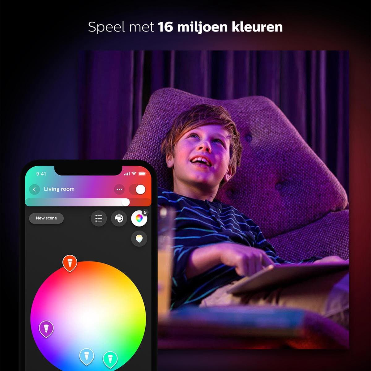 Philips Hue Starterspakket E27 Lichtbron met Bridge - White and Color Ambiance - 2 x 9W - Bluetooth thumbnail 4