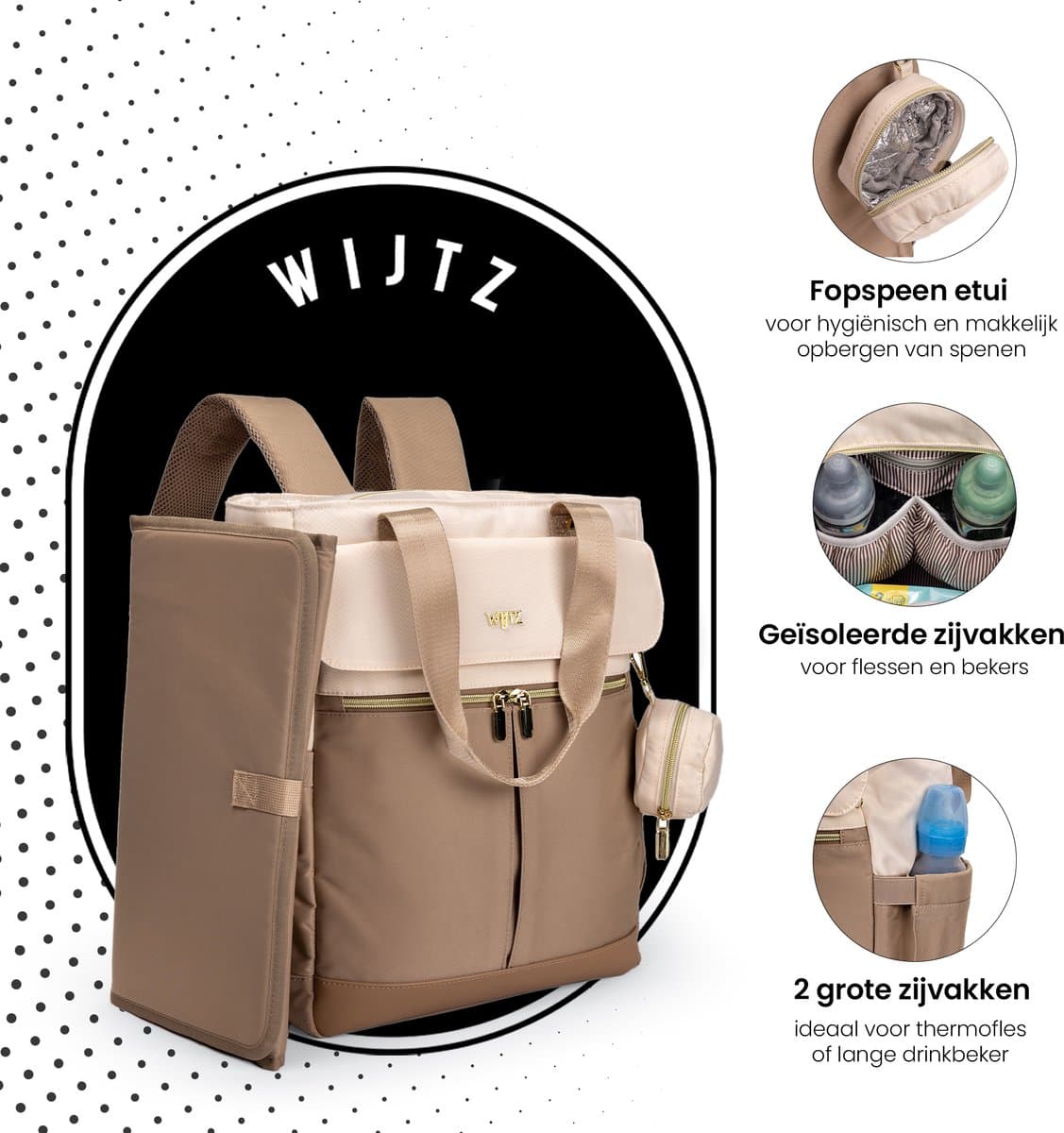 Wijtz Luiertas Rugzak Beige - Baby Verzorgingstas - Inclusief Verschoningsmat - Waterafstotend - Veel Opbergruimte thumbnail 5