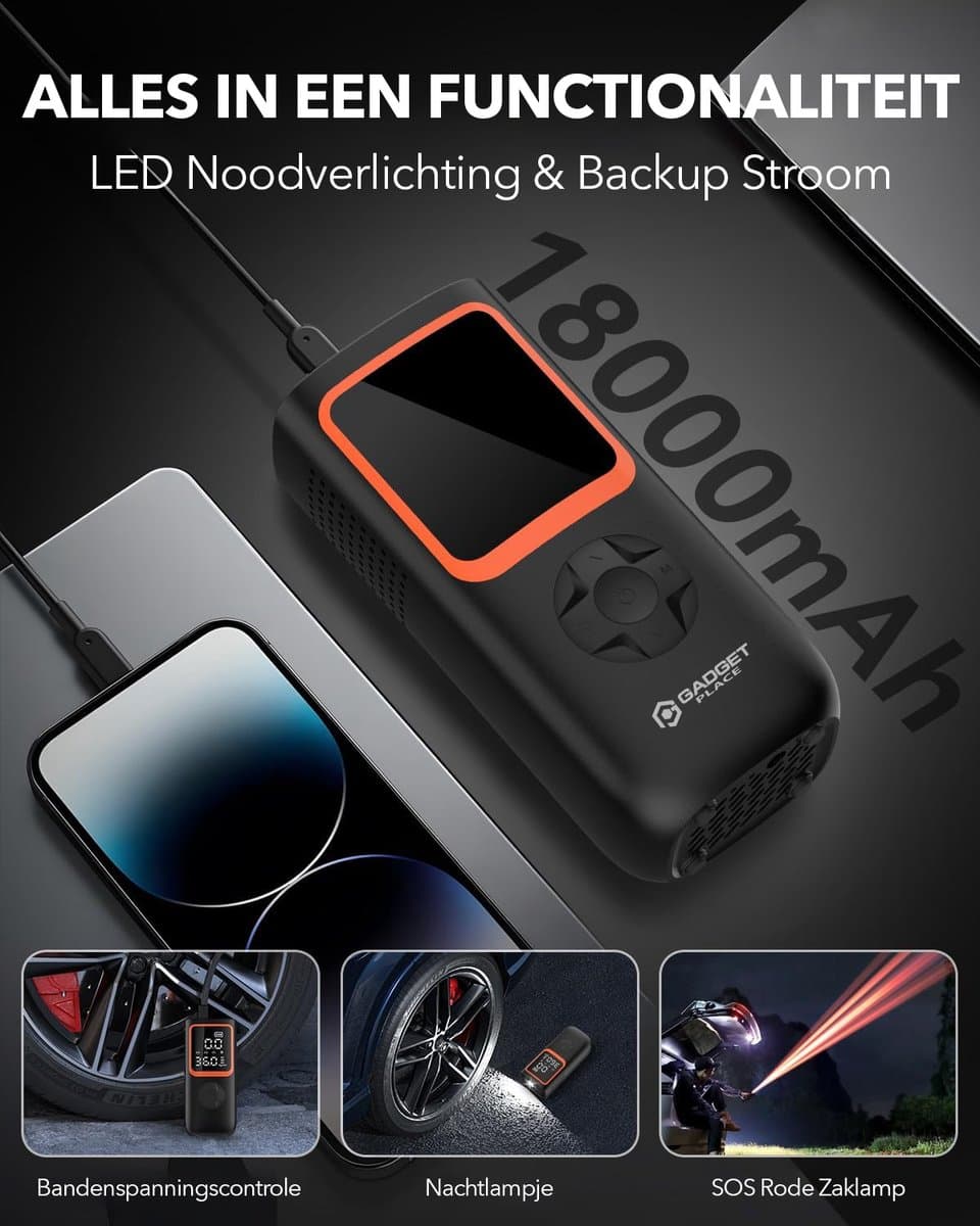 Gadgetplace Compressor Bandenpomp met 5 opzetstukken - Autobanden - 6000 mAh - Elektrische Fietspomp - Draagbare Luchtcompressor - Ballenpomp thumbnail 3