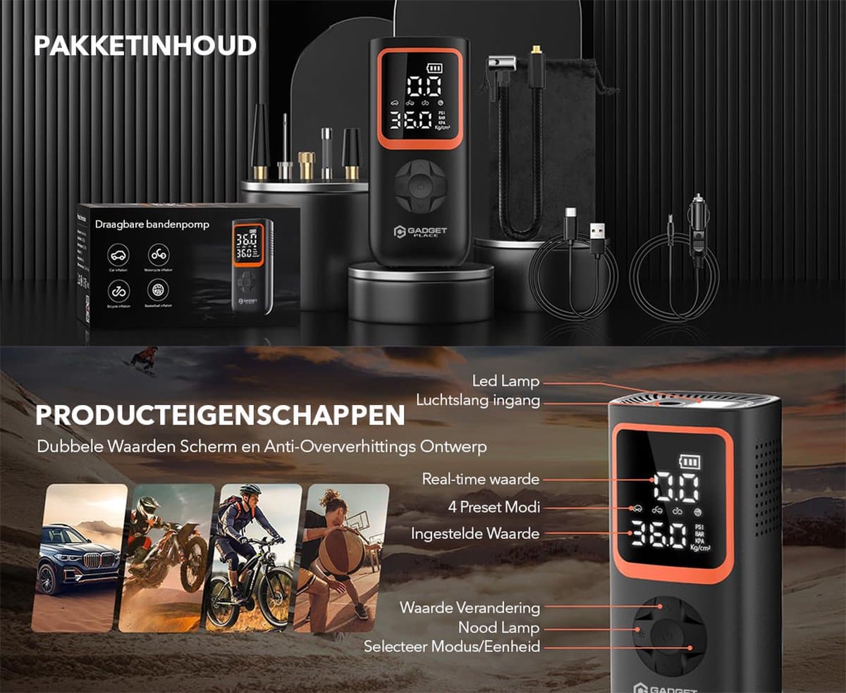 Gadgetplace Compressor Bandenpomp met 5 opzetstukken - Autobanden - 6000 mAh - Elektrische Fietspomp - Draagbare Luchtcompressor - Ballenpomp thumbnail 7