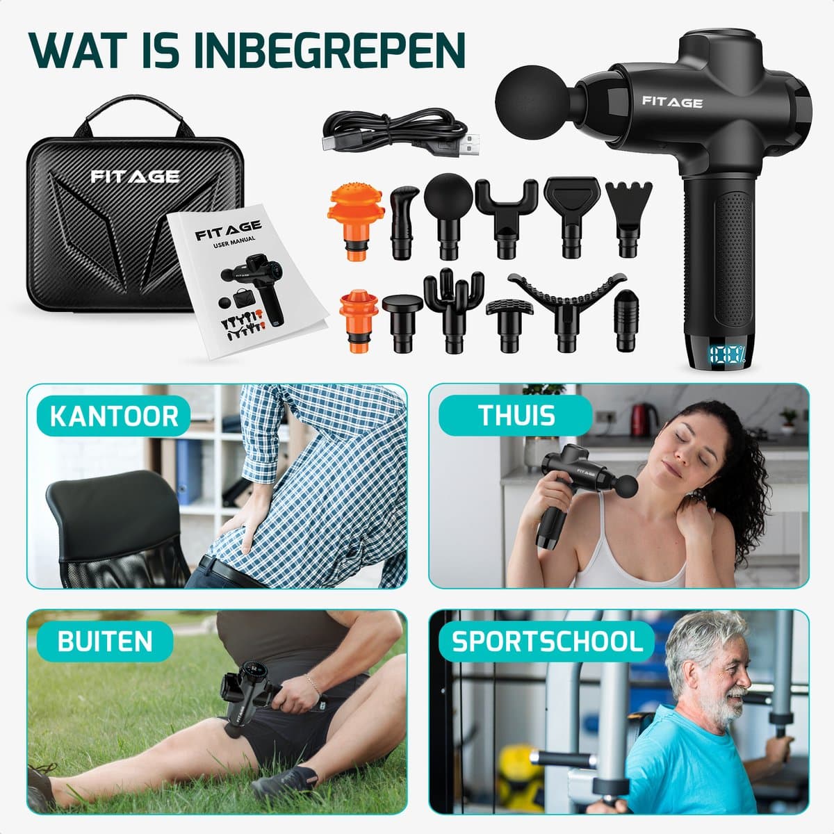 FITAGE Massage Gun: 30 standen, 12 opzetstukken, 7 uur batterij thumbnail 2