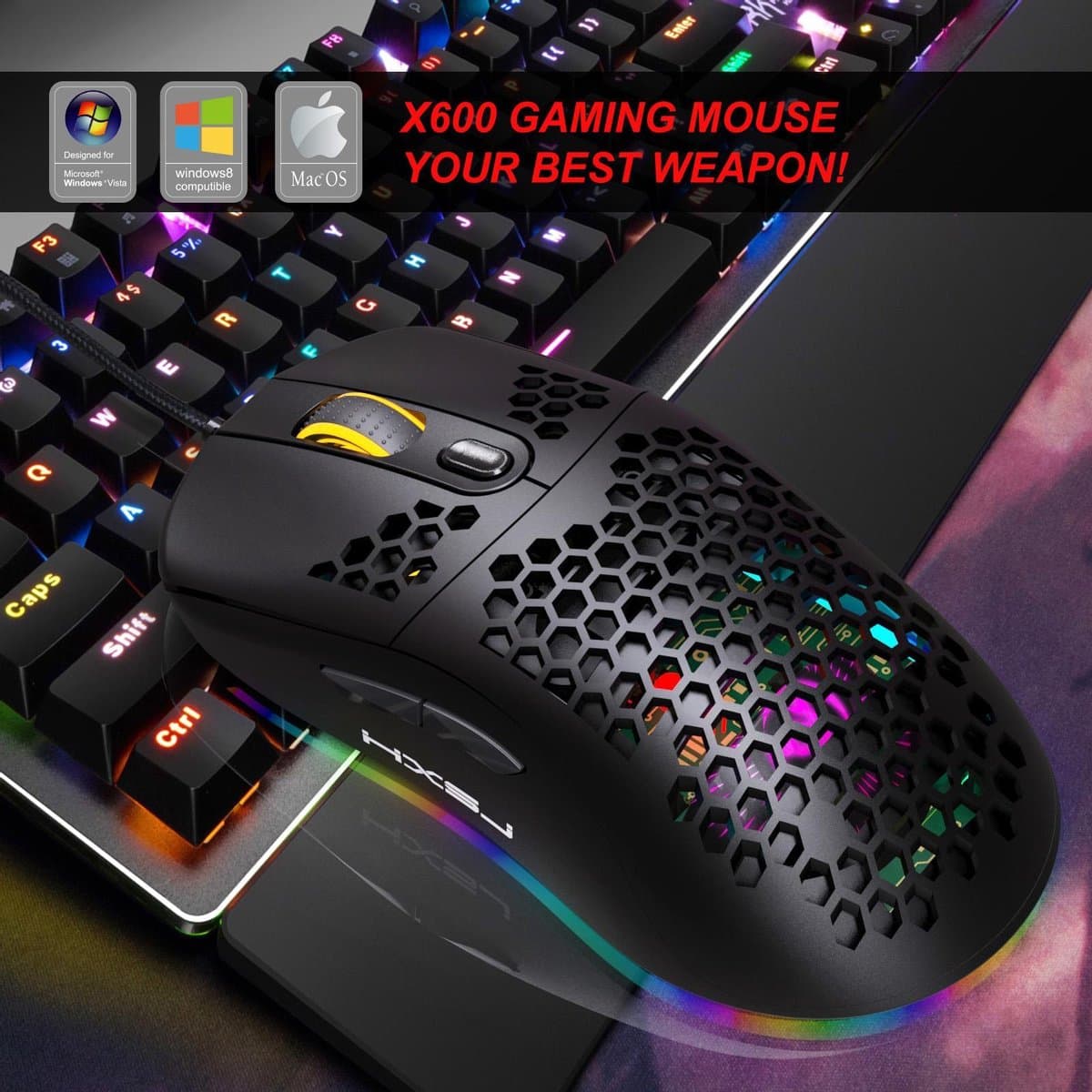 HXSJ X600 Optisch Gaming Muis - 8000DPI - Ultra licht - RGB Verlichting - Computermuizen - Compact Voor Onderweg - Zwart thumbnail 8