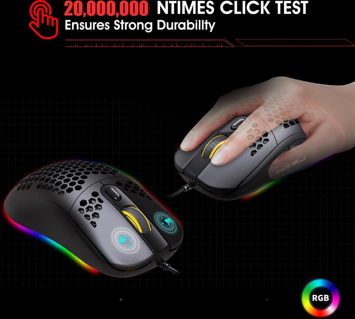 HXSJ X600 Optisch Gaming Muis - 8000DPI - Ultra licht - RGB Verlichting - Computermuizen - Compact Voor Onderweg - Zwart thumbnail 6
