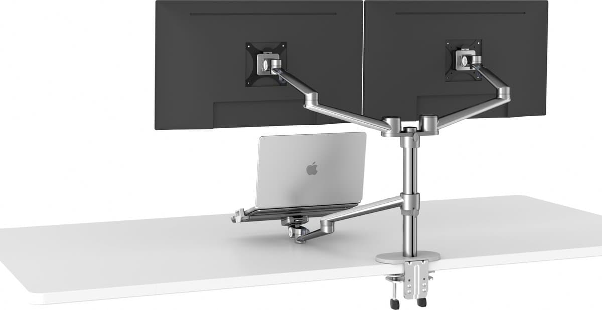 Alberenz® Dubbele Monitor Arm met Laptop Standaard zilver - Monitor beugel voor 2 schermen - Monitorbeugel - Ergonomisch ontwerp - Laptopstandaard thumbnail 5