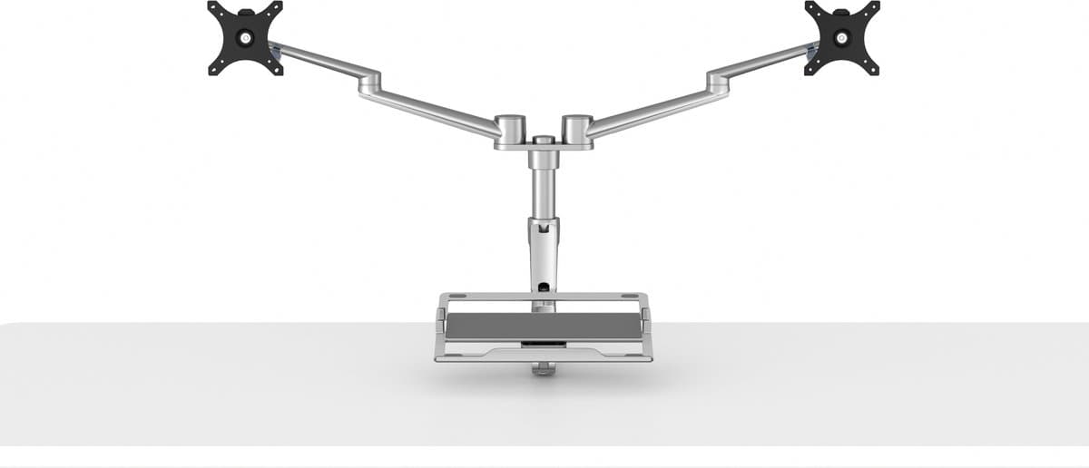 Alberenz® Dubbele Monitor Arm met Laptop Standaard zilver - Monitor beugel voor 2 schermen - Monitorbeugel - Ergonomisch ontwerp - Laptopstandaard thumbnail 6