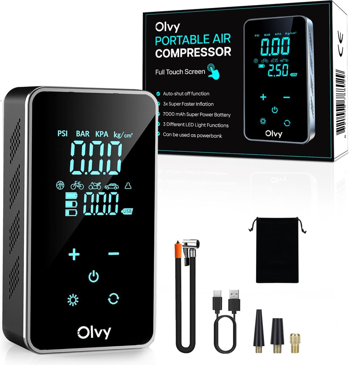 Olvy Compressor Bandenpomp - Elektrische Bandenpomp - Draagbare Luchtcompressor - 7000 mAh - Elektrische Fietspomp - Fiets/Auto/Motor/Bal/Luchtbed thumbnail 7