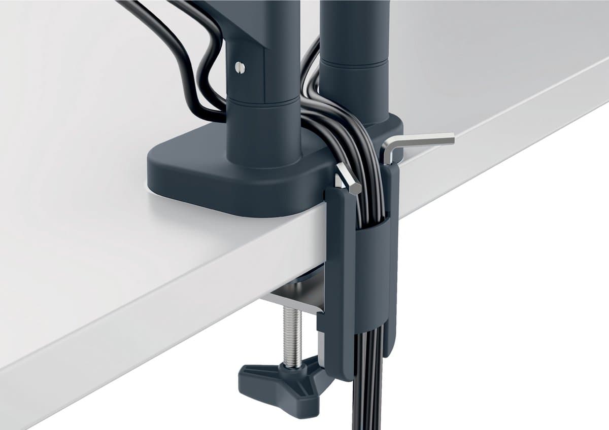 Leitz Ergo Ruimtebesparende Monitor arm - Tot 32" & 9kg - Voor 2 Schermen - Bureaubevestiging - Donkergrijs thumbnail 2