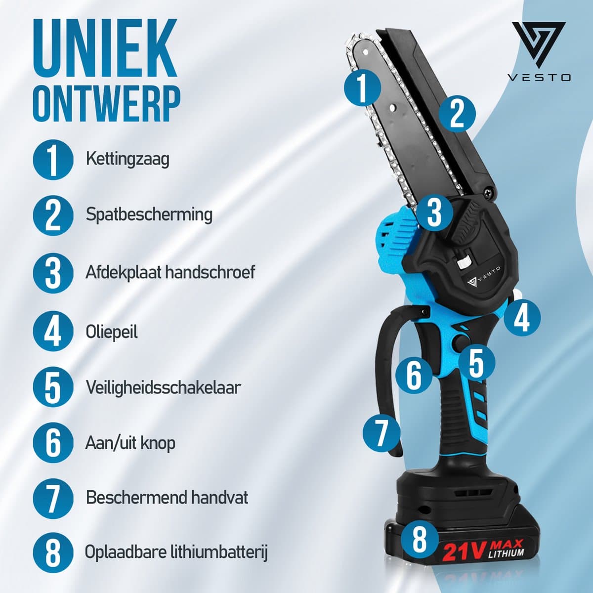 Vesto® Mini kettingzaag – Draadloos Inclusief 2 Led-Accu's – Heggenschaar Accu - Elektrisch Handkettingzaag - Snoeizaag - Takkenzaag - Handzaag - Boomzaag thumbnail 4