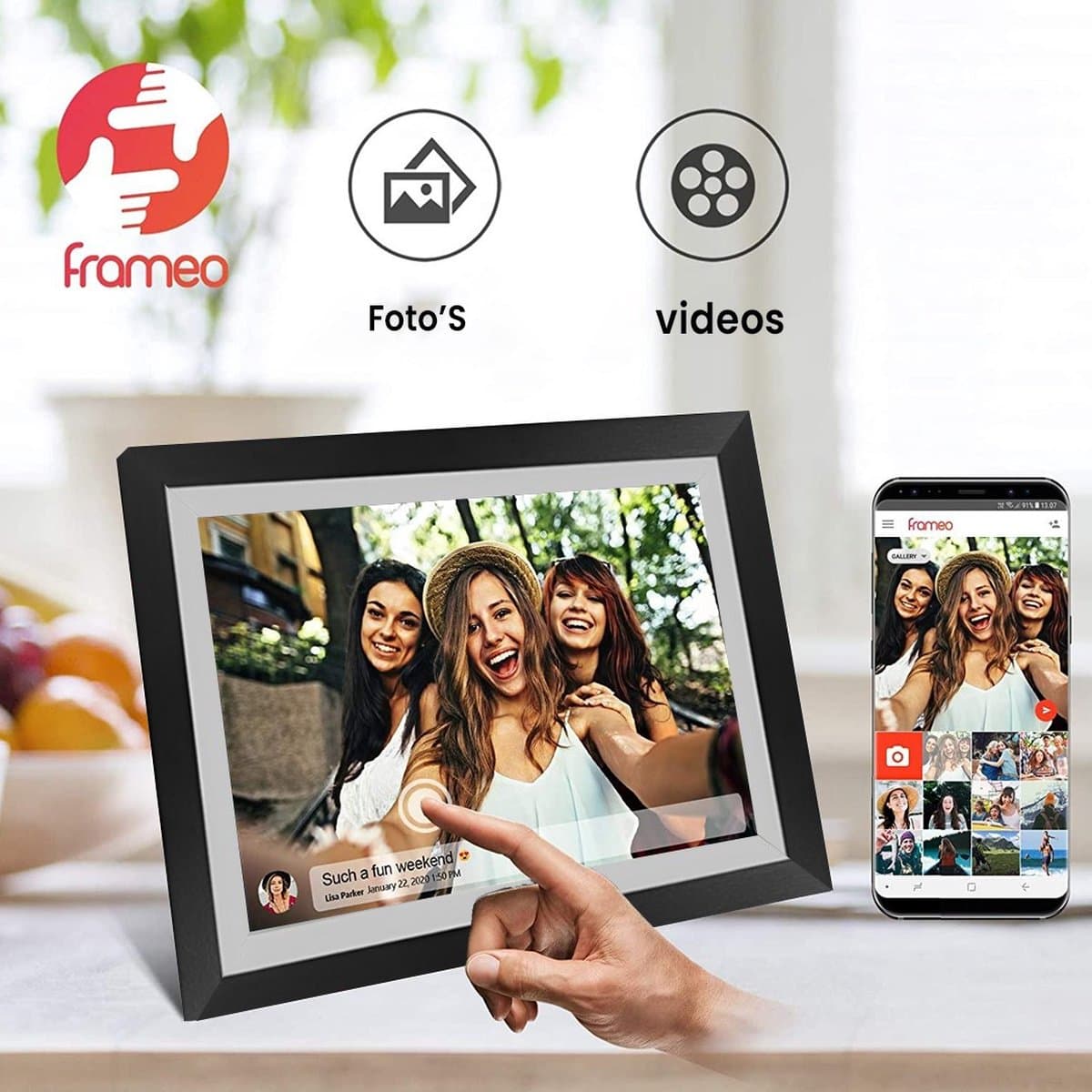 Digitale fotolijst met WiFi en Frameo App - 10.1 inch HD+ IPS Display - Fotokader met Touchscreen - 32GB - Zwart/Wit - Frameo digitale fotolijst - digitale fotokader - digitaal fotolijstje thumbnail 3
