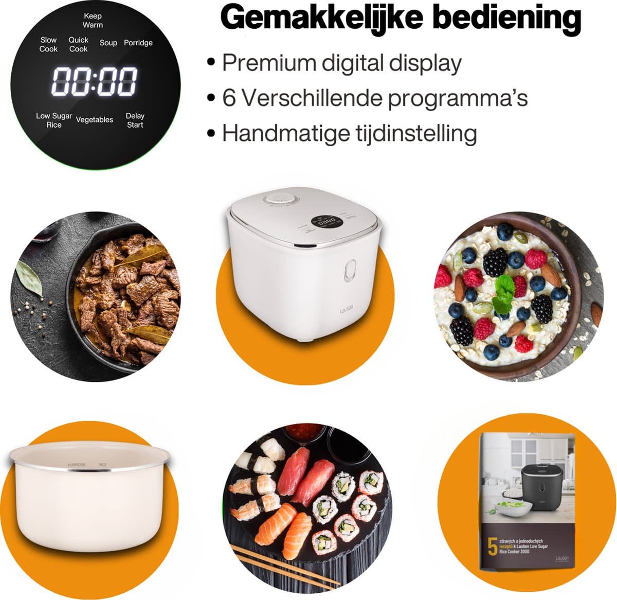 Lauben Rice Cooker - 3L- Rijstkoker - Stoomkoker - Rijstkoker met lage suikerfunctie - 605W - Wit thumbnail 3