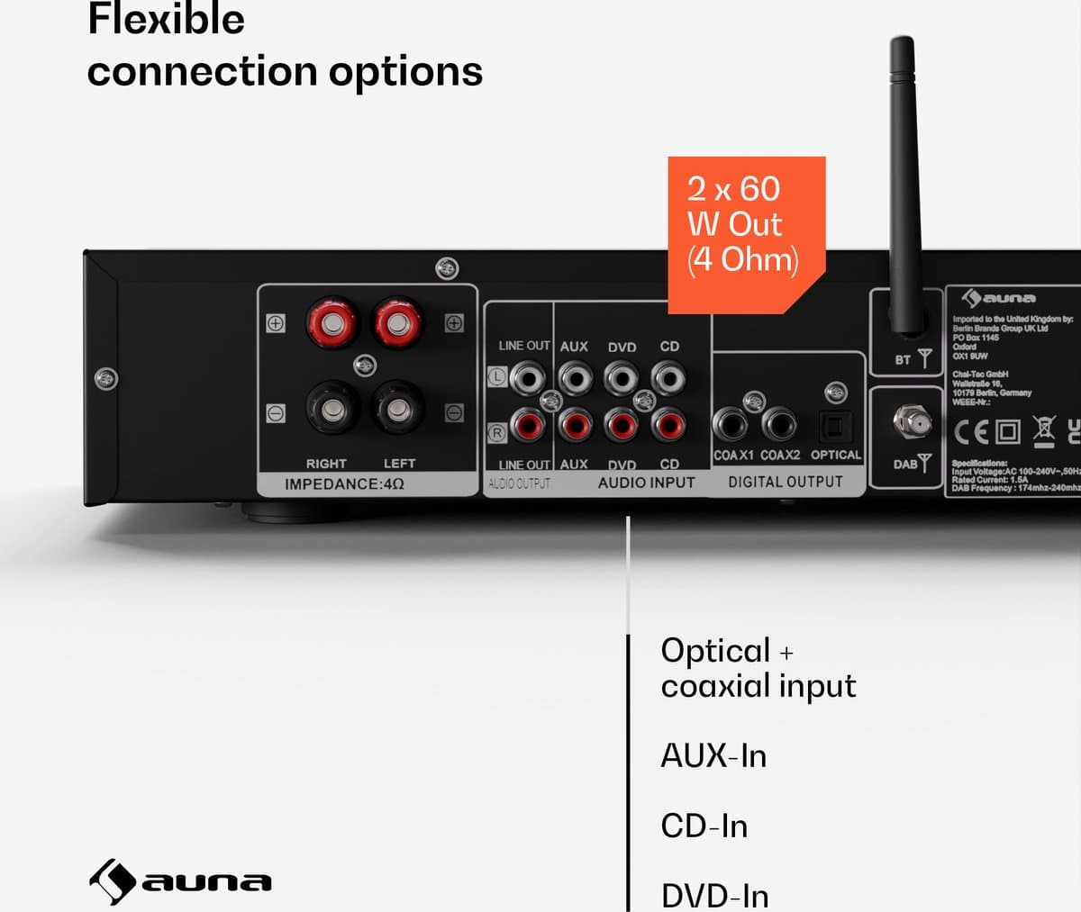 Auna Art22 amplifier DAB+ BT Hifi versterker - Bluetooth - DAB+/FM radio - 2 x 60 W - Wit en zilver metallic thumbnail 3
