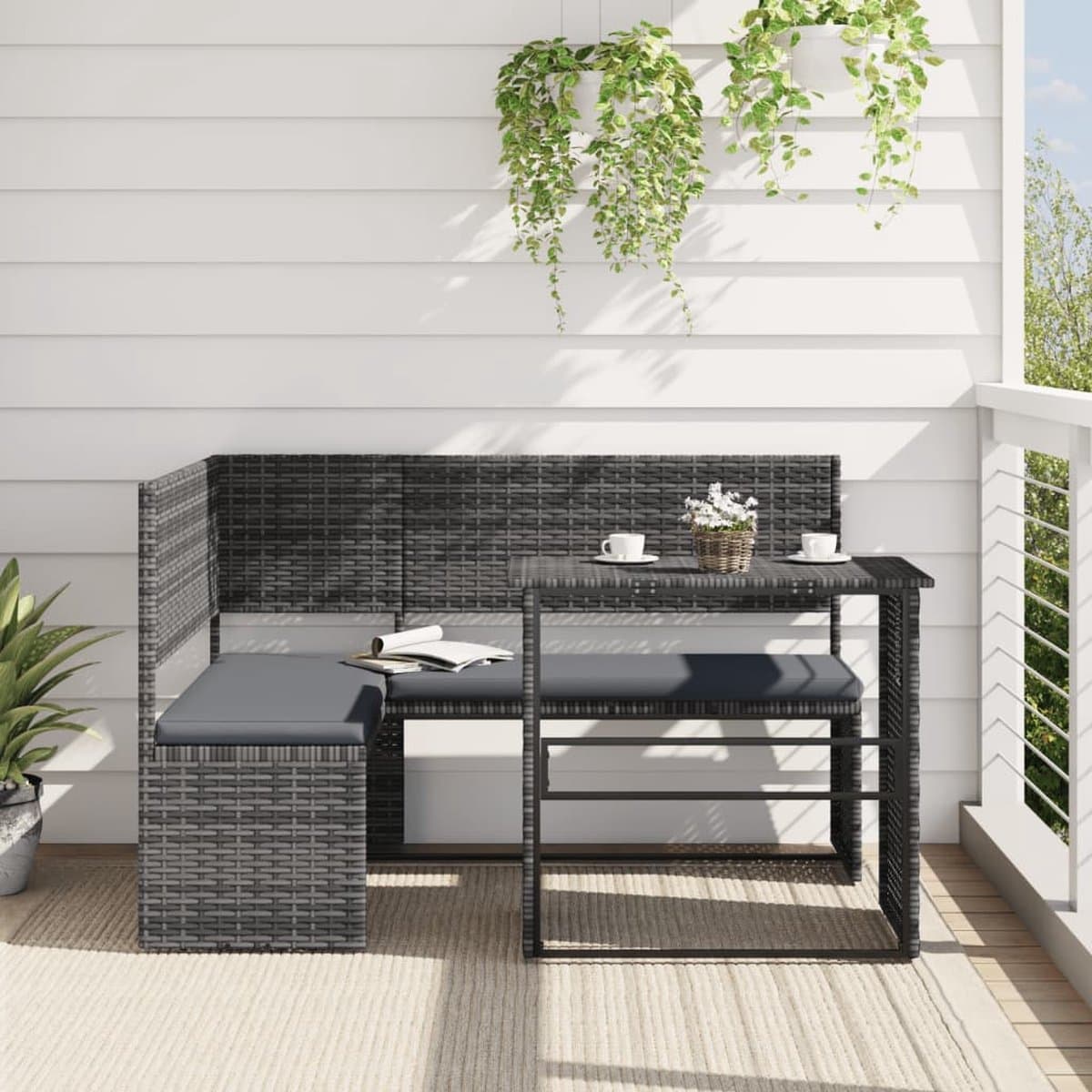 vidaXL - Tuinbank - met - tafel - en - kussens - L-vormig - poly - rattan - grijs thumbnail 4