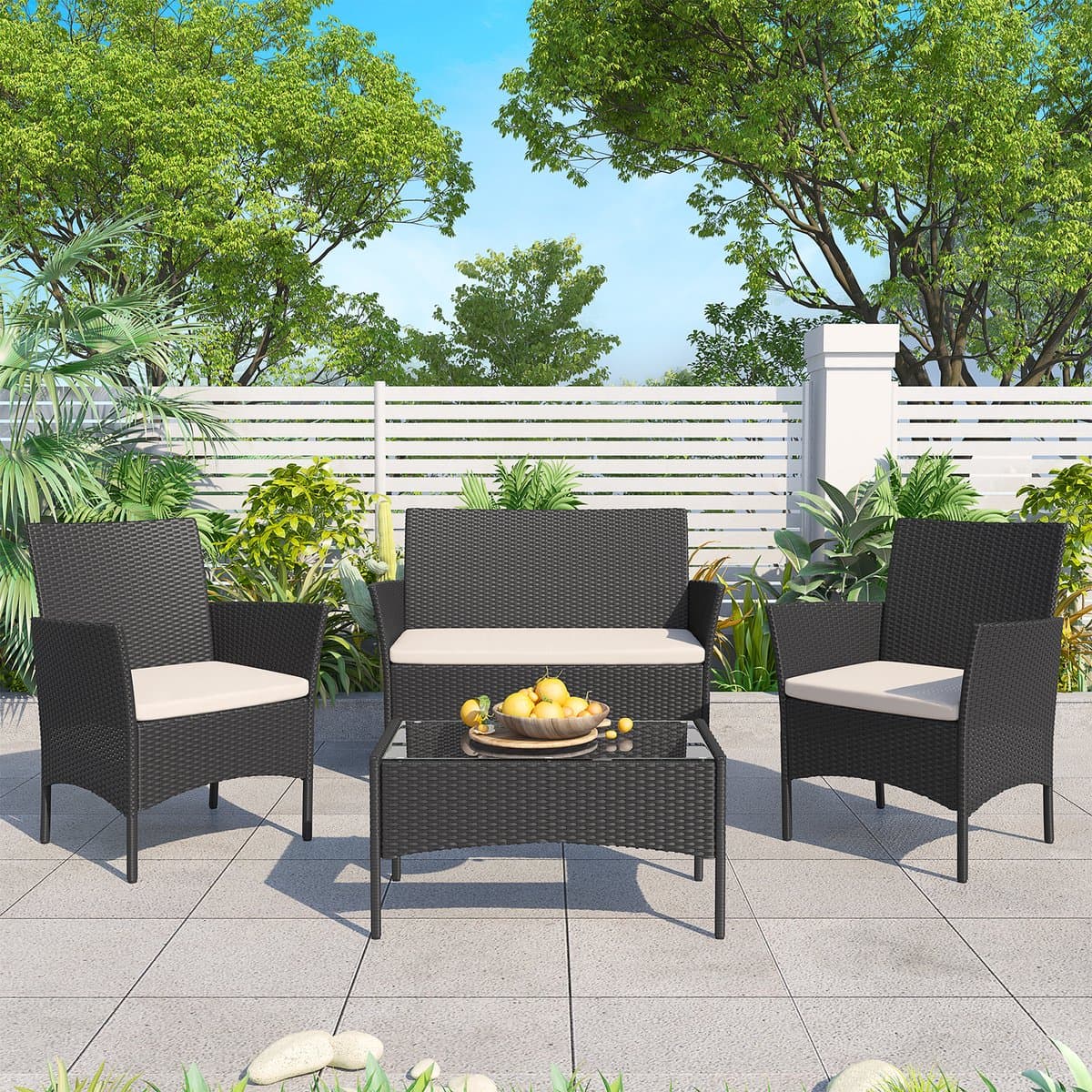Loungesets - BIGZZIA Tuinmeubelset - 4 met - met 2 fauteuils, 1 bank en 1 tafel - Zwart thumbnail 8