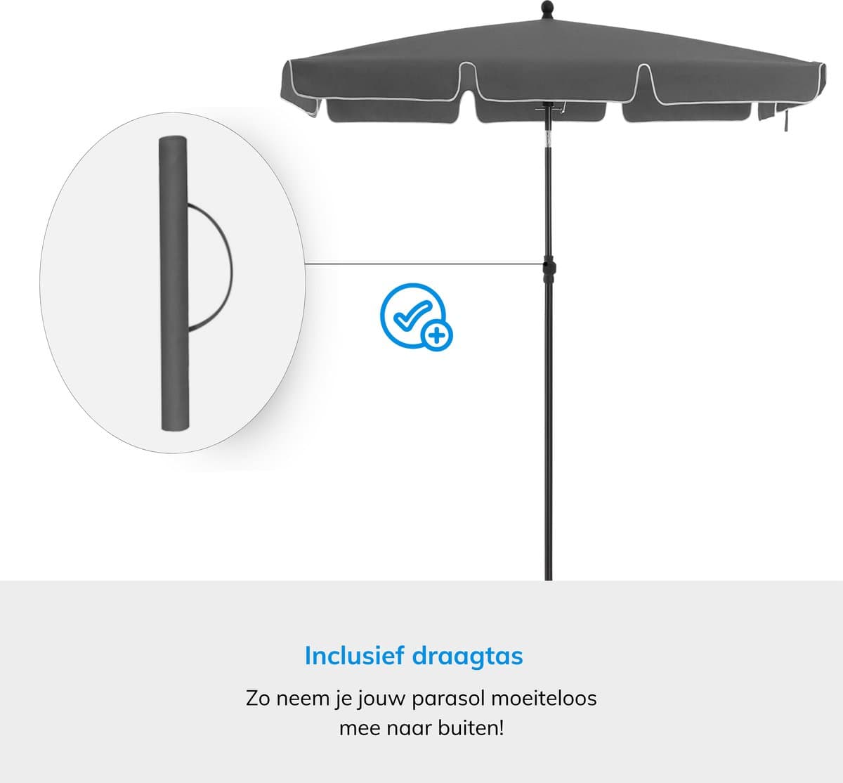 ACAZA Parasol - Strandparasol - Grijs - 200 x 125 cm (L x B) - inclusief Draagtas - Rechthoekig - Tuinparasol - Kantelbaar - Waterdicht - Terras Parasol voor Appartement - Parasol Strand thumbnail 2