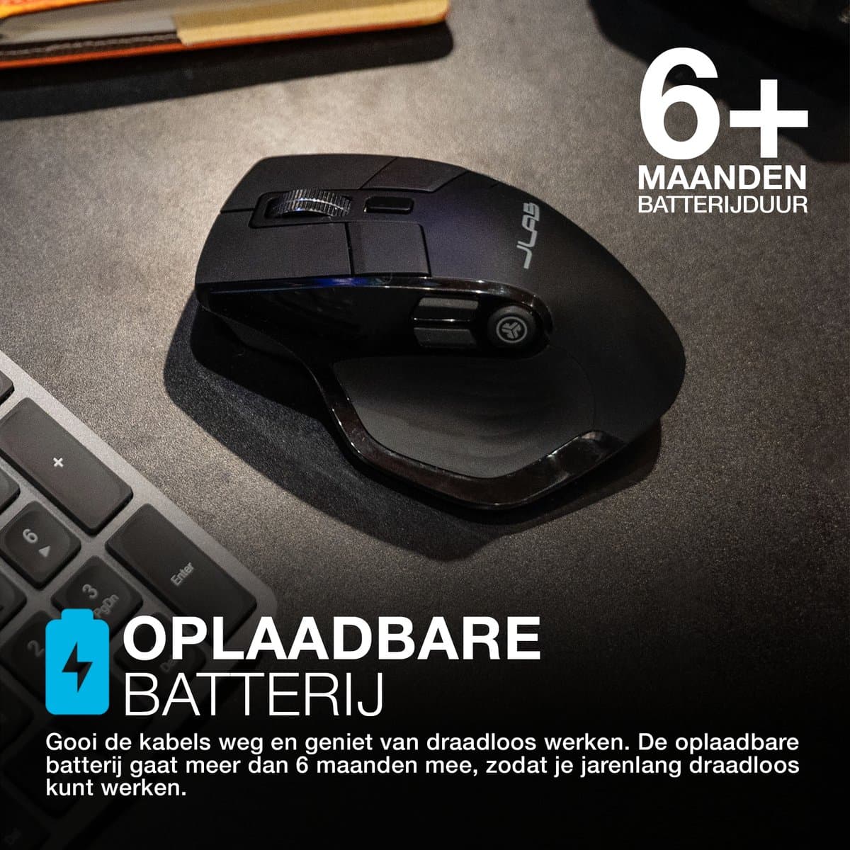JLab Epic Draadloze Muis - Bluetooth Computermuis Draadloos - Stille Clicks - Verbind 3 Apparten - Draadloze Dongle - 4 Maanden Batterijduur - Rechtshandig - Multipoint - USB C Oplaadbaar - Zwart thumbnail 4