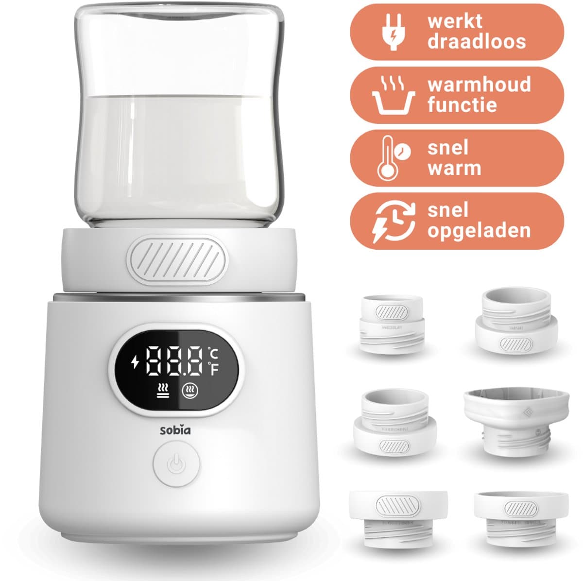 Sobia® Draagbare Flessenwarmer - Oplaadbaar - Flessenwarmer Onderweg - 6 Adapters en 4 standen - USB-C