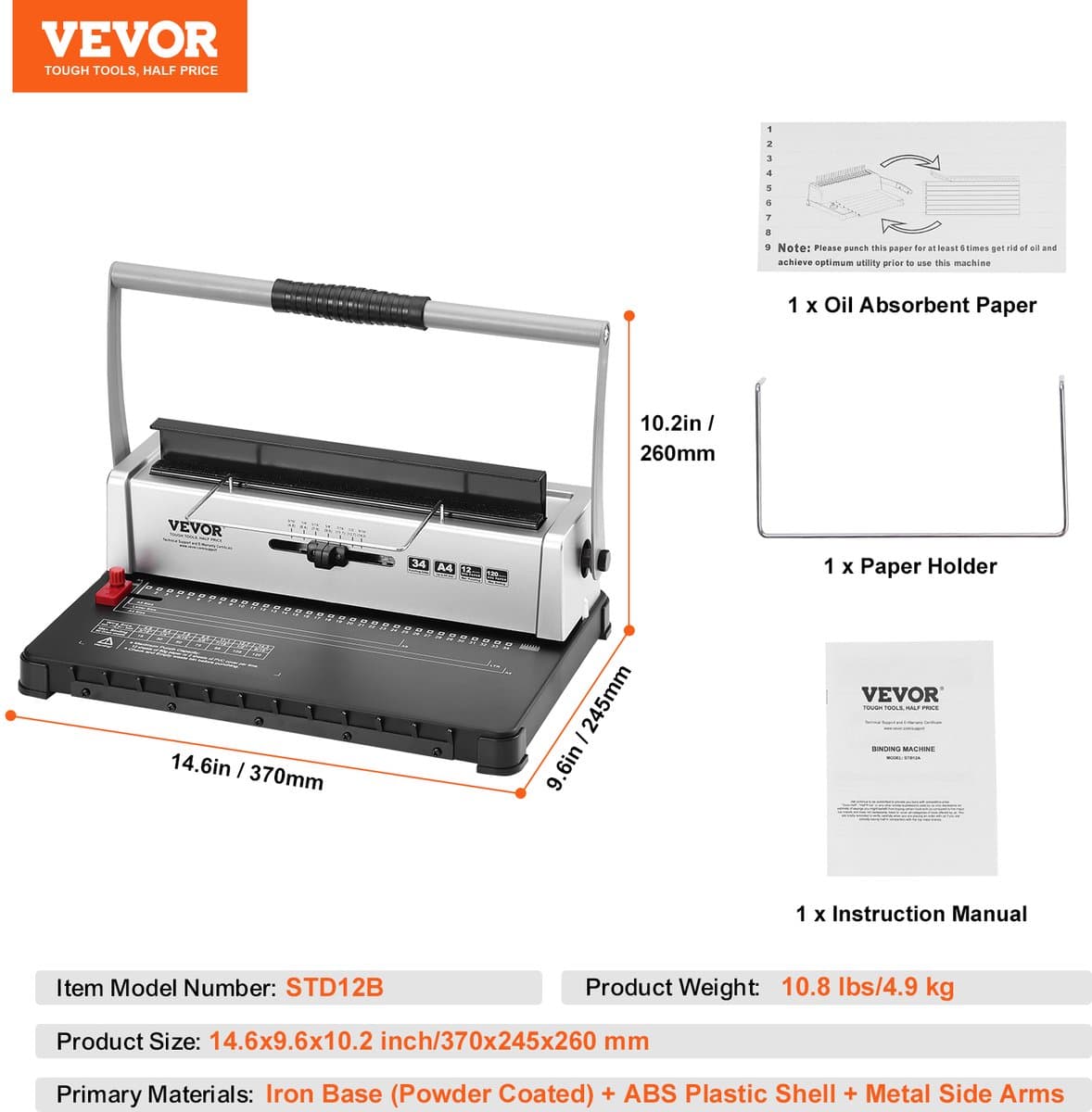 VEVOR Spiraalbindapparaat, Handmatige Bookmaker 34 Gaats Binding 120 Vellen, Punch Binder met Verstelbare 3/16 - 9/16 Inch Spiraalbindende Rug En Zijmarge, voor Letterformaat, A4, A5 thumbnail 7