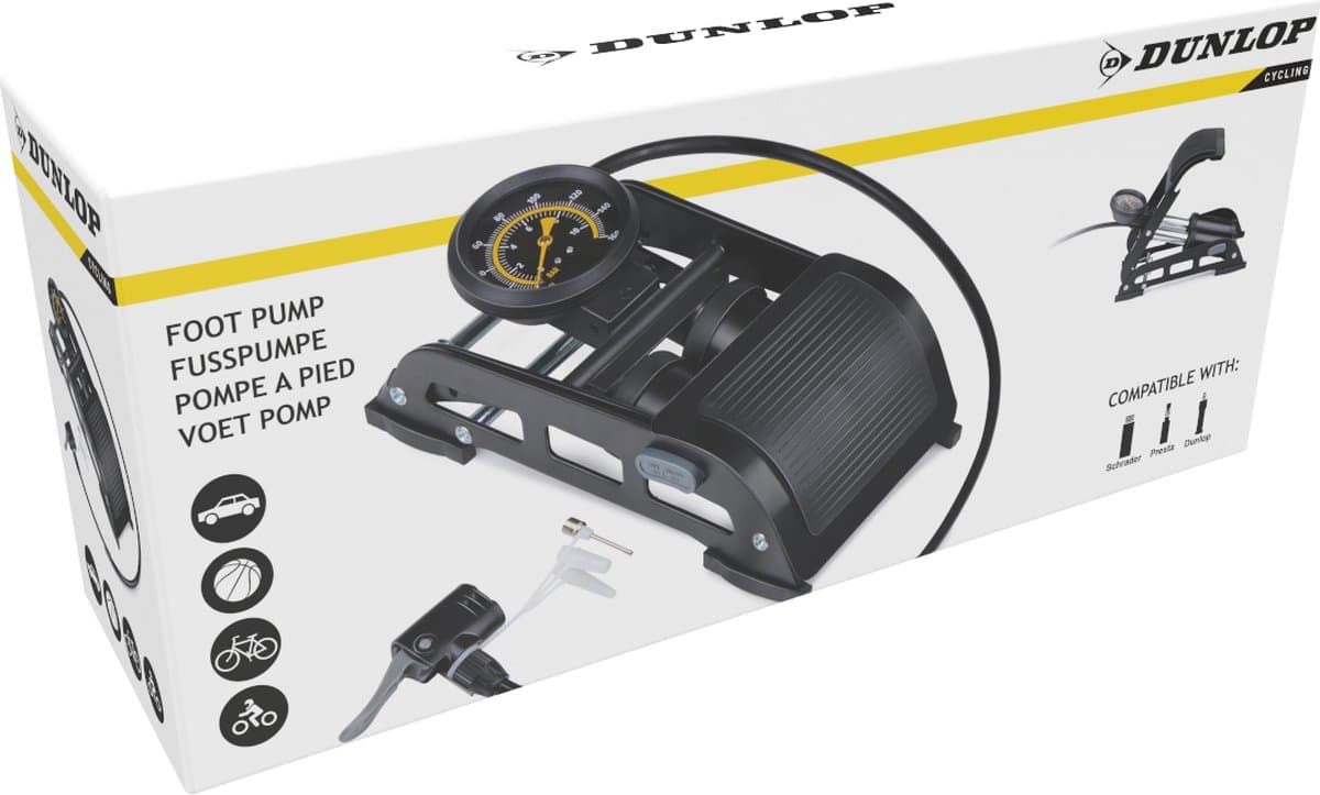 Dunlop Dubbele Voetpomp met Manometer - Luchtpomp voor Auto, Fiets, Motor en Bal - Fietspomp met Drukmeter - Pomp met Schrader Ventiel en Frans Ventiel Universeel thumbnail 8
