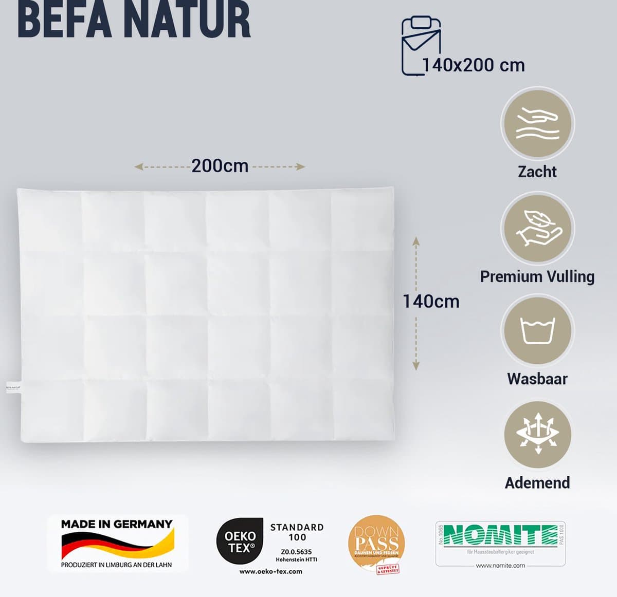 BEFA NATUR Oostenrijks Winter Donsdekbed, 140 x 200 cm, van 90% dons en 10% veren, Gemaakt in Duitsland thumbnail 8