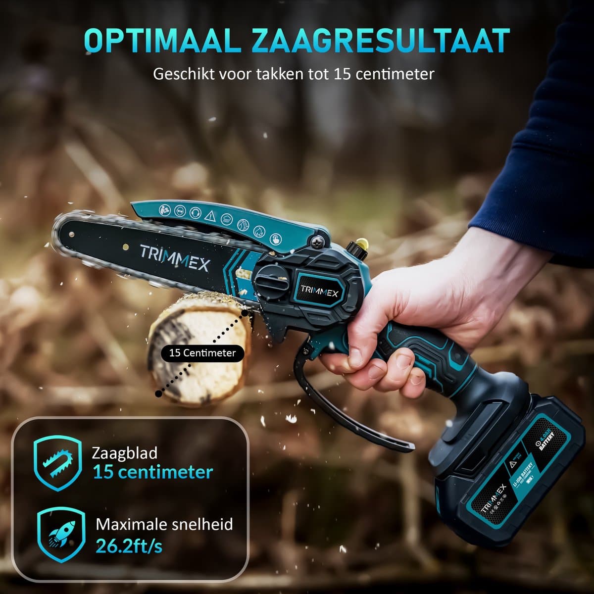 Trimmex® Mini kettingzaag + Telescopische steel - Inclusief 2 Led-Accu's - 2X 4000mAh - Elektrisch Handkettingzaag - Snoeizaag - Takkenzaag - Handzaag - Boomzaag - Automatische Kettingsmering - Brushless thumbnail 4