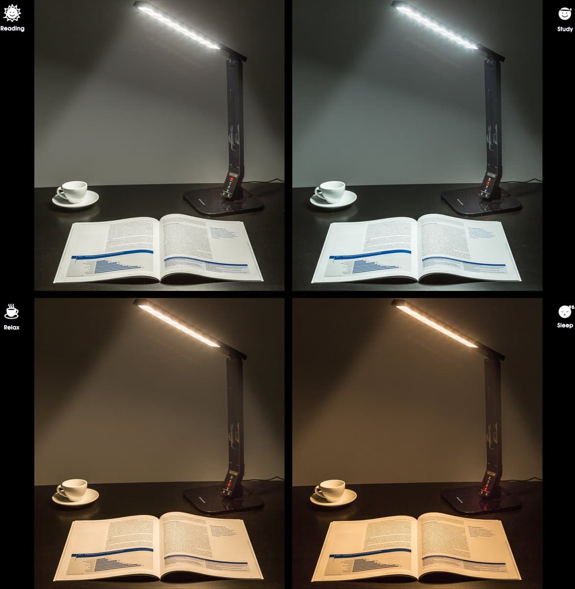 tectake® LED-Bureaulamp - Set van 4 - 14W - USB-Aansluiting voor Opladen van Tablets en Smartphones - Dimbaar met Timerfunctie en 4 Modusinstellingen - Energieklasse A+ - Zwart thumbnail 2