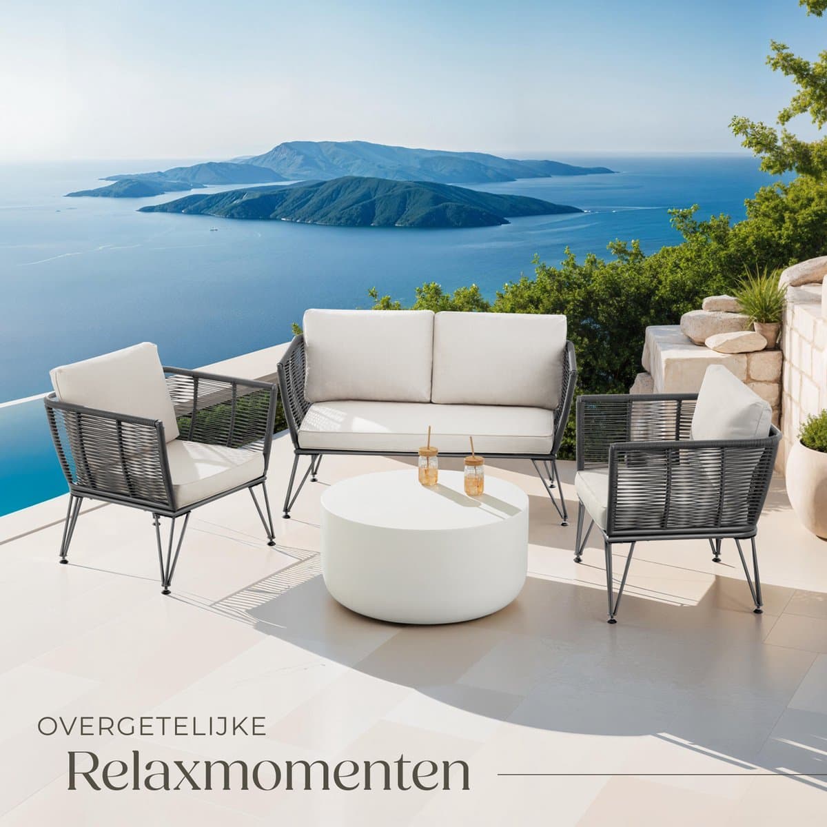 tectake® Loungeset Sundo - Tuinset in Rope-Design - Tuinbank en Tuinstoelen met Kussens - Weerbestendig thumbnail 4
