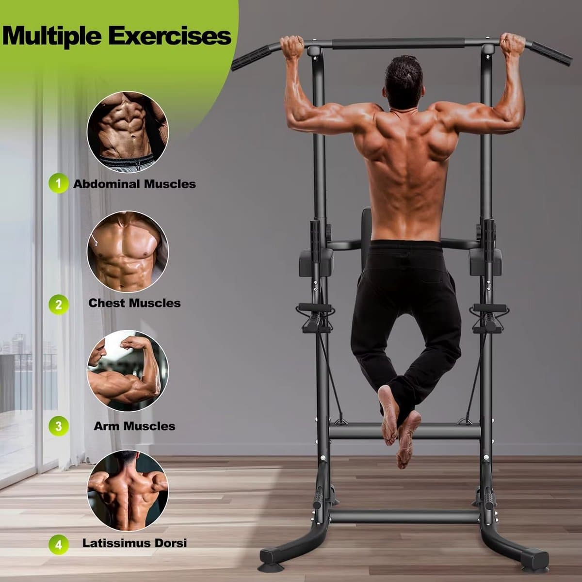 AtlasStrength Pull up Station - Verstelbare hoogte - Met Weerstandsbanden - Train diverse spiergroepen thuis met een krachtstation - Power tower - Pull up rack - Pull up bar - Zwart thumbnail 8