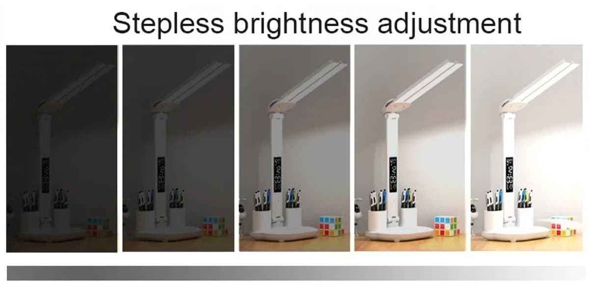 LED Bureaulamp met Dubbele Kop, Vouwbaar Touchscreen, Kalender & Klok, USB Aansluiting – Ideaal voor Bureau & Leeslamp thumbnail 3