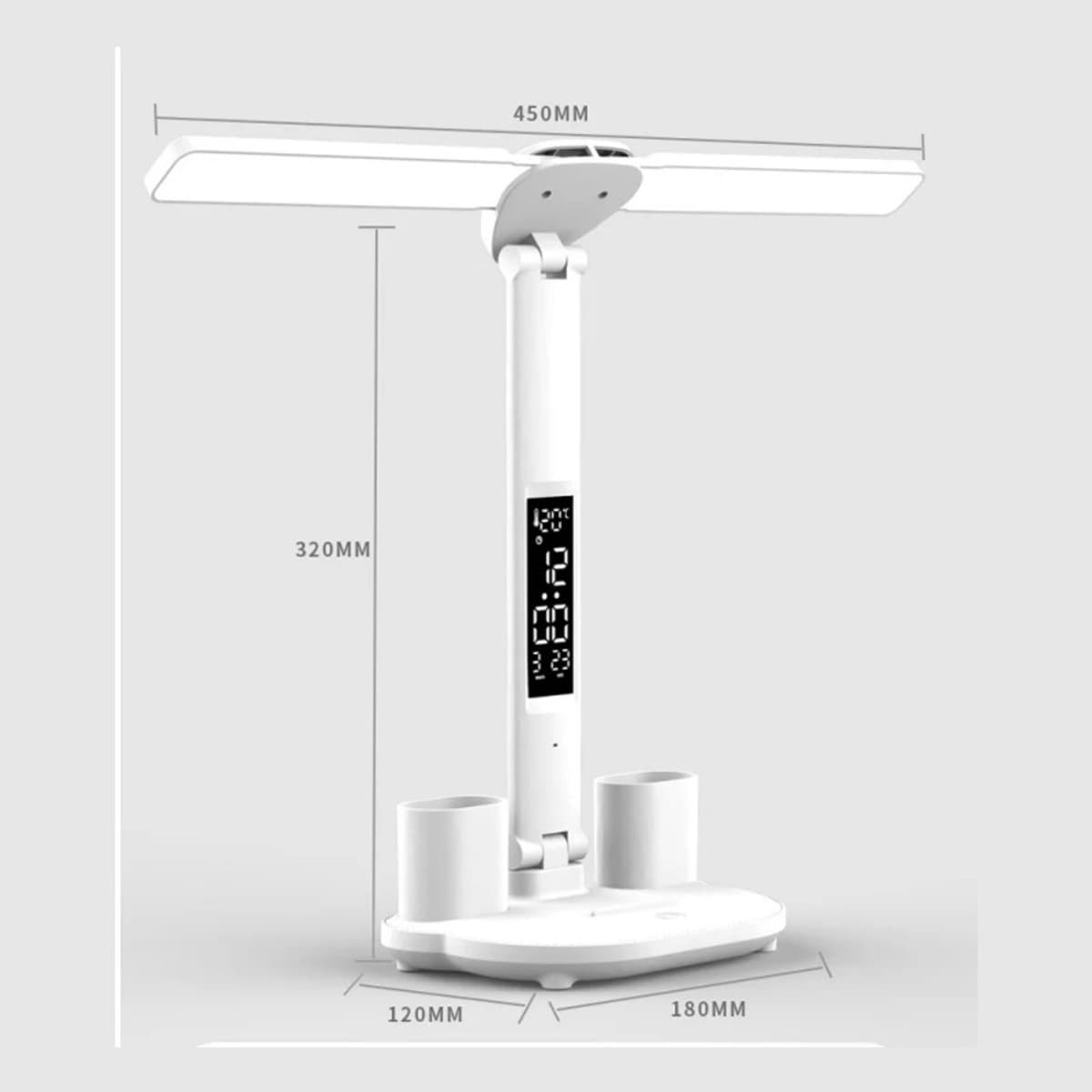 LED Bureaulamp met Dubbele Kop, Vouwbaar Touchscreen, Kalender & Klok, USB Aansluiting – Ideaal voor Bureau & Leeslamp thumbnail 7