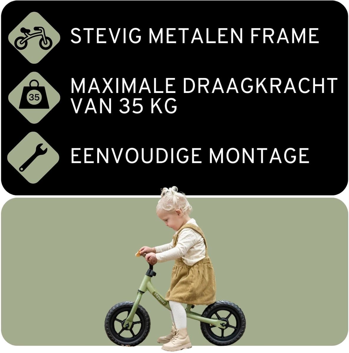 Hippiez Metalen Loopfiets Worker Old Green vanaf 2 jaar - Groene Loop Fiets - Verstelbaar Zadel en Stuur - Voor Jongens en Meisjes - Compact en Veilig - Lage Instap thumbnail 2