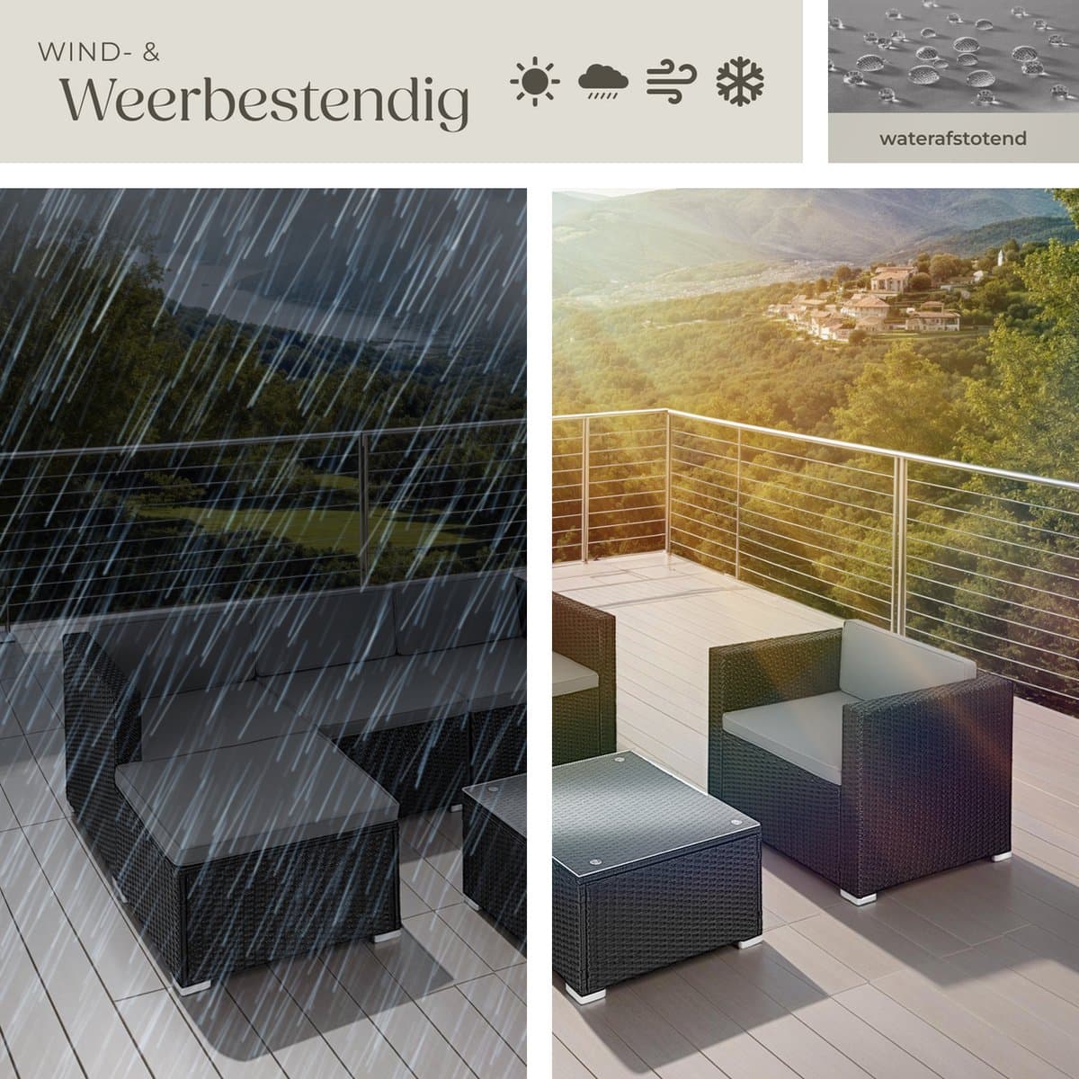 tectake® Wicker lounge - Tuinmeubelset voor buiten met bank, fauteuil, kruk en tafel - Variabel combineerbaar - Weerbestendig meubilair - Voor 4-5 personen - Balkonmeubilair - Tuinlounge - Terrasmeubilair - Zwart thumbnail 7