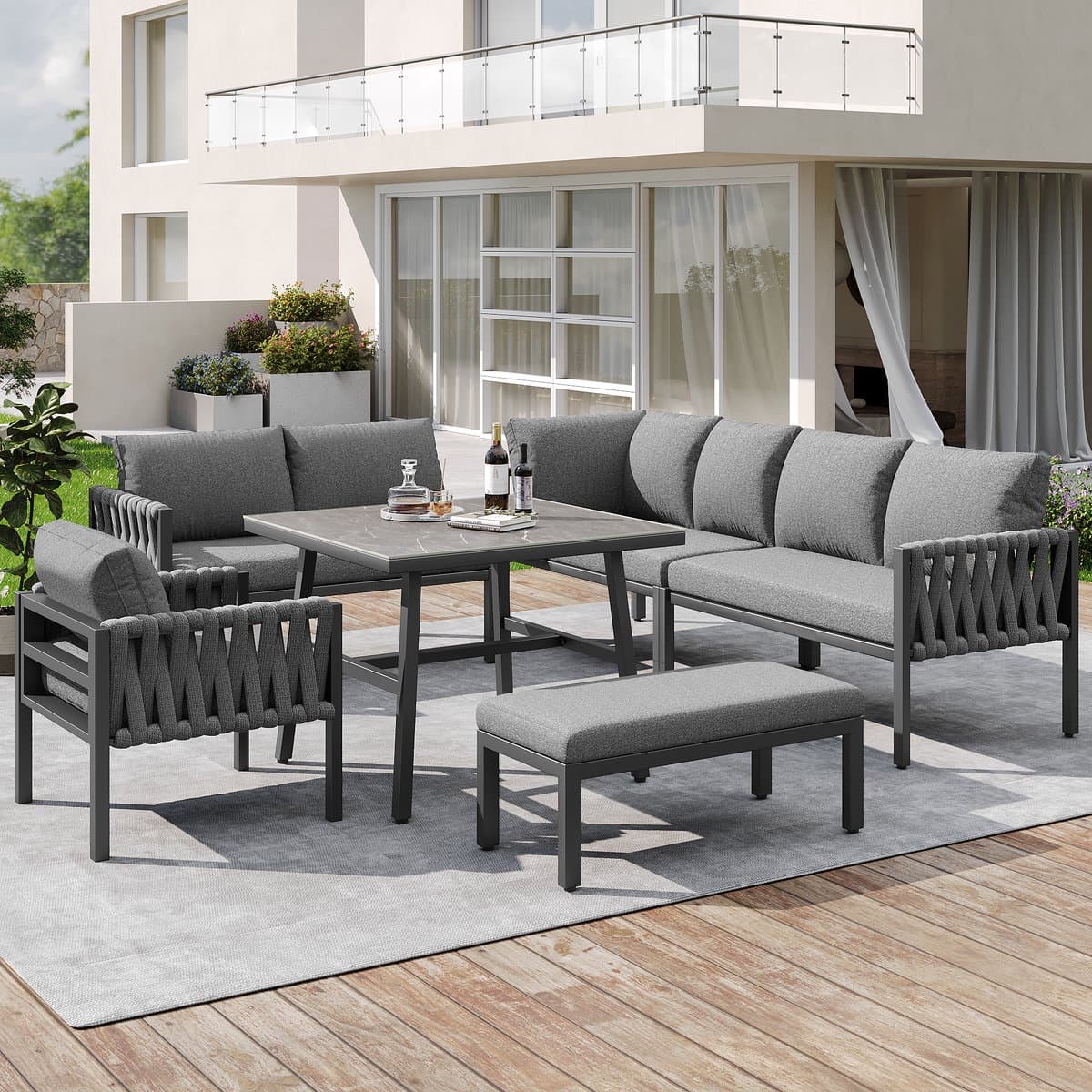 Tuinset met verzinkt ijzeren frame, grijze touw loungeset, verstelbare poten, glazen tafelblad, inclusief kussens thumbnail 6