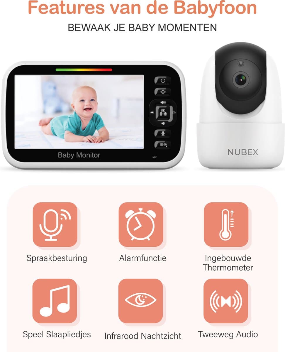 Nubex® Babyfoon met camera - Op afstand bestuurbaar - 5 inch Extra Groot Scherm - Video & Audio - Baby monitor thumbnail 2