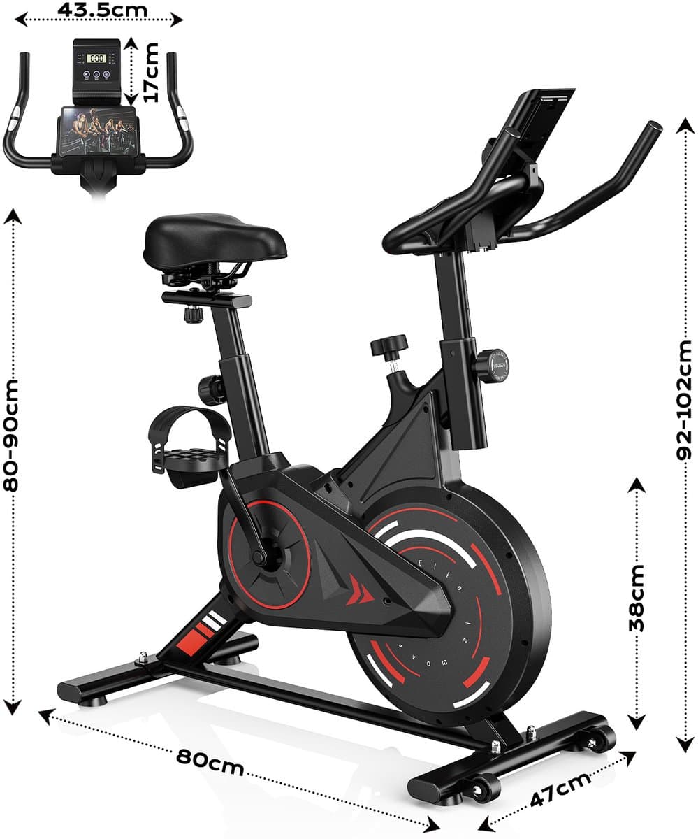 BIGZZIA hometrainer met instelbare weerstand van 0-100%, stille hometrainer met LCD-scherm, fitnessfiets met tablethouder, indoorfiets voor cardiotraining, tot 120 kg thumbnail 8