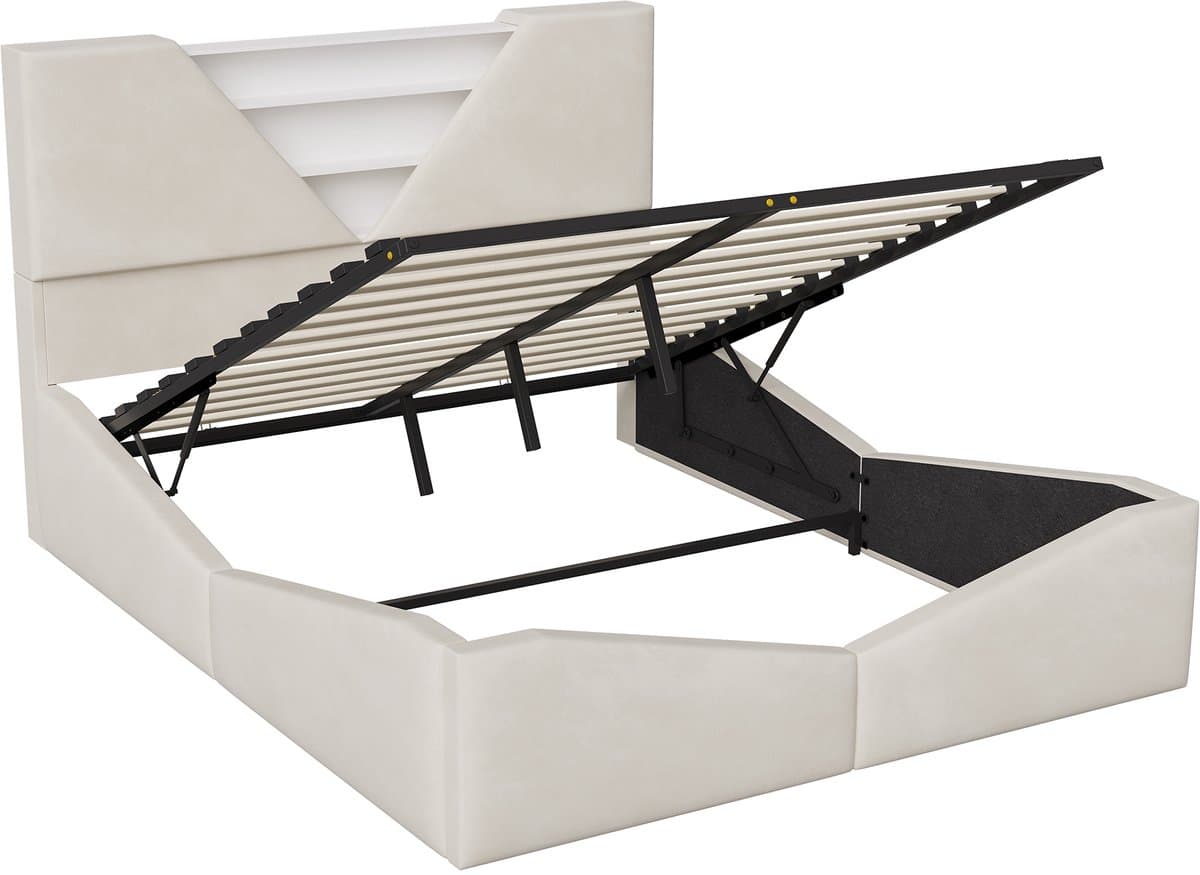 Gestoffeerd Bedframe 160x200 cm met Opbergruimte en LED - Fluweel Crèmekleurig incl. Lattenbodem thumbnail 2