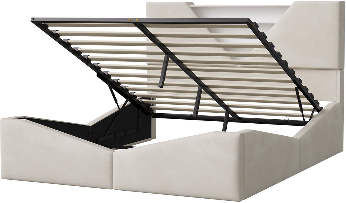 Gestoffeerd Bedframe 160x200 cm met Opbergruimte en LED - Fluweel Crèmekleurig incl. Lattenbodem thumbnail 6