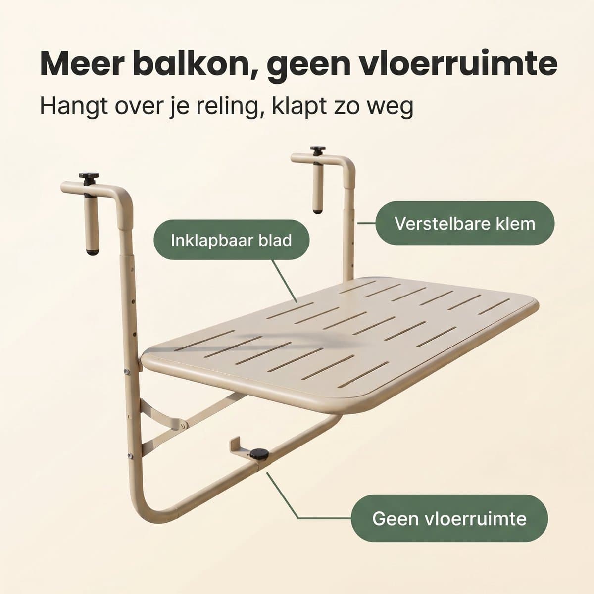 Lomera Balkontafel Hangend - Inklapbaar - Hangtafel - Klaptafel - Balkon Tafel voor Reling - in Hoogte Verstelbaar - Opklapbaar - Balkonbar - Bijzettafel Buiten - Weerbestendig - Tuintafel - Mat Beige thumbnail 4