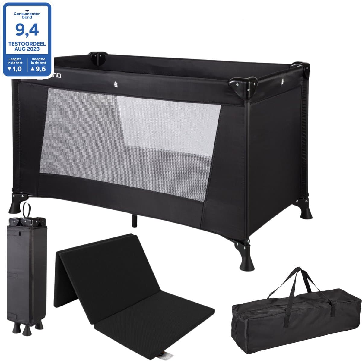 Cabino Campingbedje / Reisbedje Opvouwbaar set Inclusief Transporttas en Matras – 120 x 60 cm - Zwart
