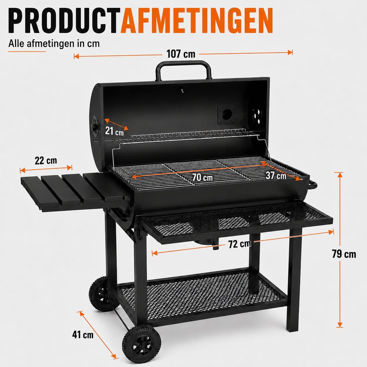 Houtskool BBQ - Smoker Barbecue XL - BBQ met Wielen - 70x37cm Grilloppervlak - Zijpanelen - Zwart thumbnail 7