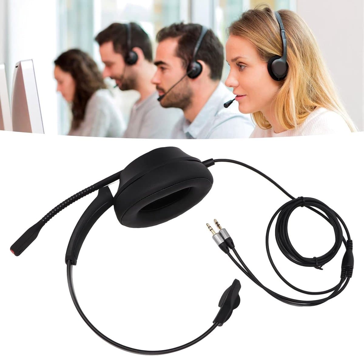 Bedrade Headset - Mono Oortelefoon - Klantenservice Bellen - Ruisonderdrukking HD - Dubbele 3.5mm - Zwart thumbnail 3