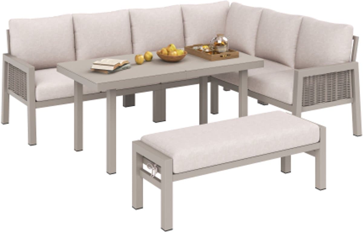 Tuinset 8 Personen met Hoekbank en Eettafel - Loungeset Tuin met Bank, Glazen Tafelblad en Gevlochten Touwdetails - Weerbestendige Tuinmeubelen - Khaki thumbnail 3