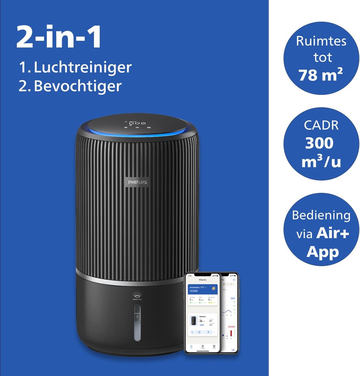Philips PureProtect 3400 Series - Luchtreiniger en Bevochtiger - CADR 300m3/u - Ruimtes tot 78m2 - 3 Laags HEPA Filtratie - Air+ App - Ultrastil - Nachtlampje - Zwart - AC3421/13 thumbnail 2