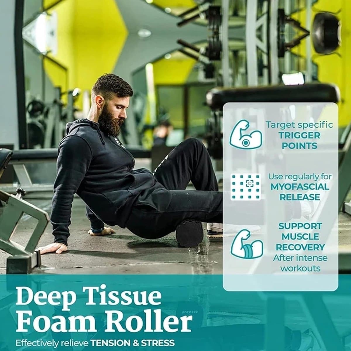 Foam Roller - Schuimroller - Yoga Grid Foam Roller - Massage Roller - Foamroller - Fitness Roller - Fasciarol wervelkolom - schuimroller met 3D - voor zelfmassage, spierspanning, fasciarol voor yoga, sport, fitness, pilates - 10x30 cm - Zwart thumbnail 5