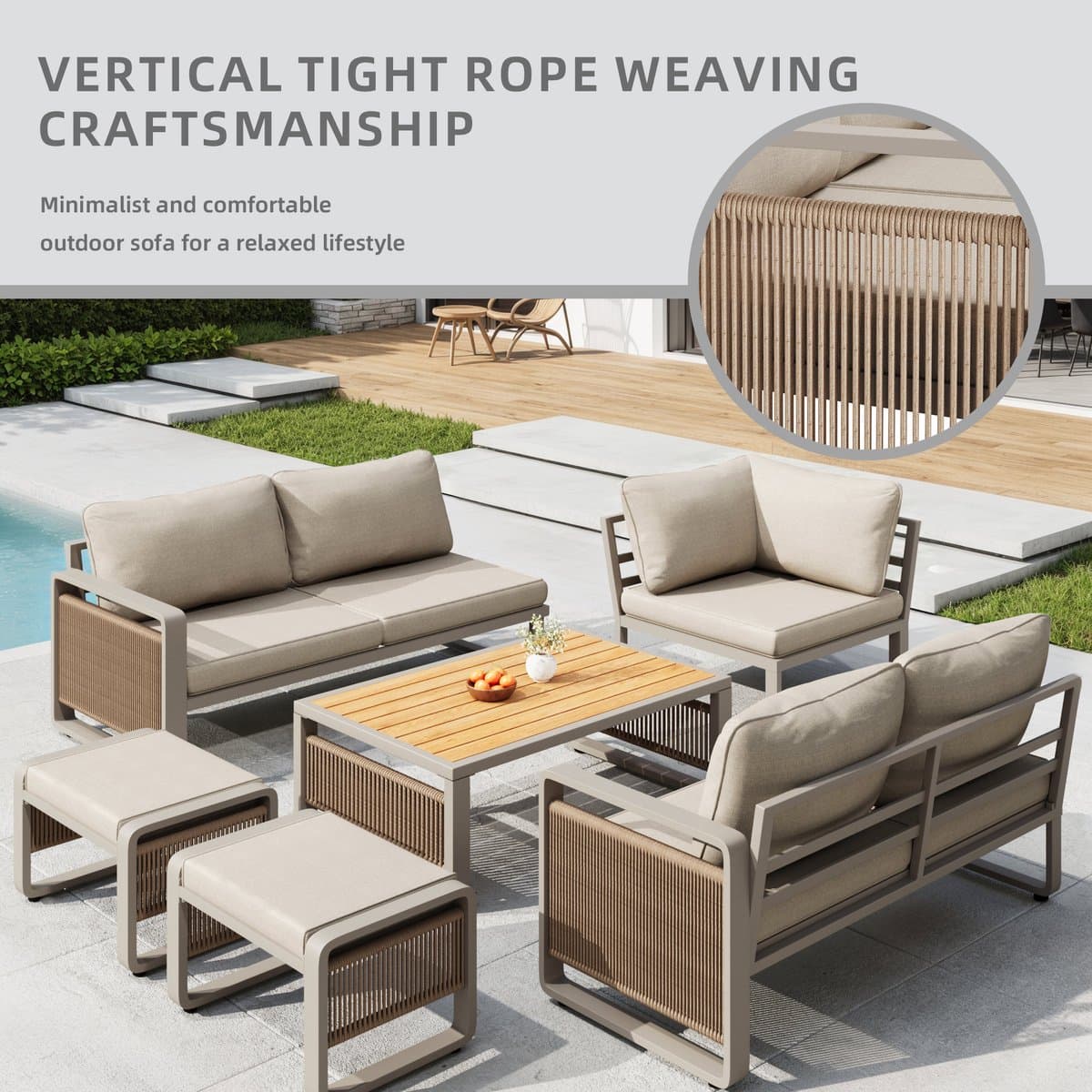 Sweiko Tuinset - Loungeset - Hoekbank + 2 hocker + Salontafel - Modulair meubilair - Met kussens - Metalen frame - Beige thumbnail 6