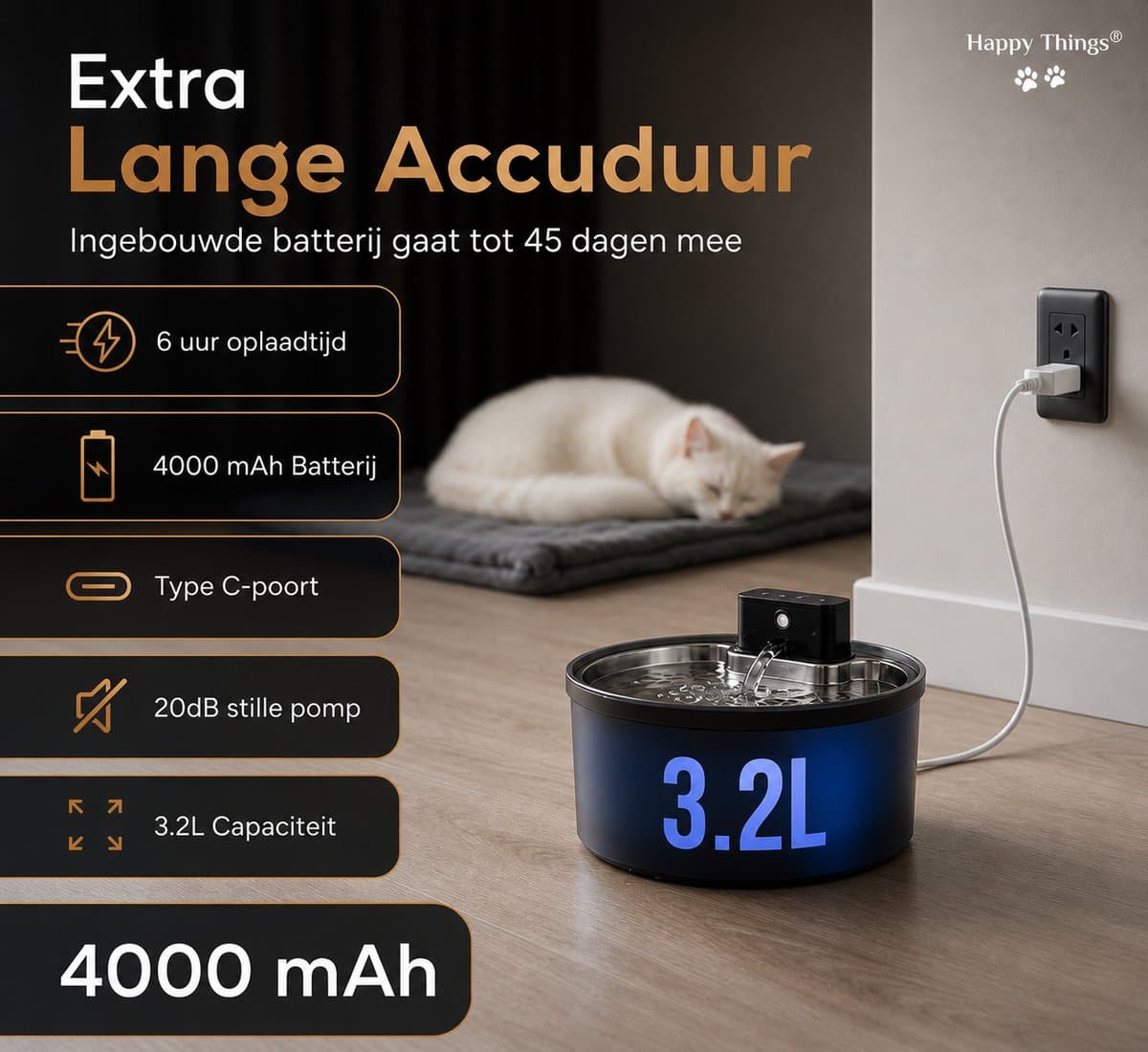 Happy Things® ZR20 Draadloze Drinkfontein met Sensor – 3.2L - RVS – Inclusief 4 Filters – Roestvrijstalen Schotel – Transparant Zwart – Kat & Hond Waterfontein thumbnail 6