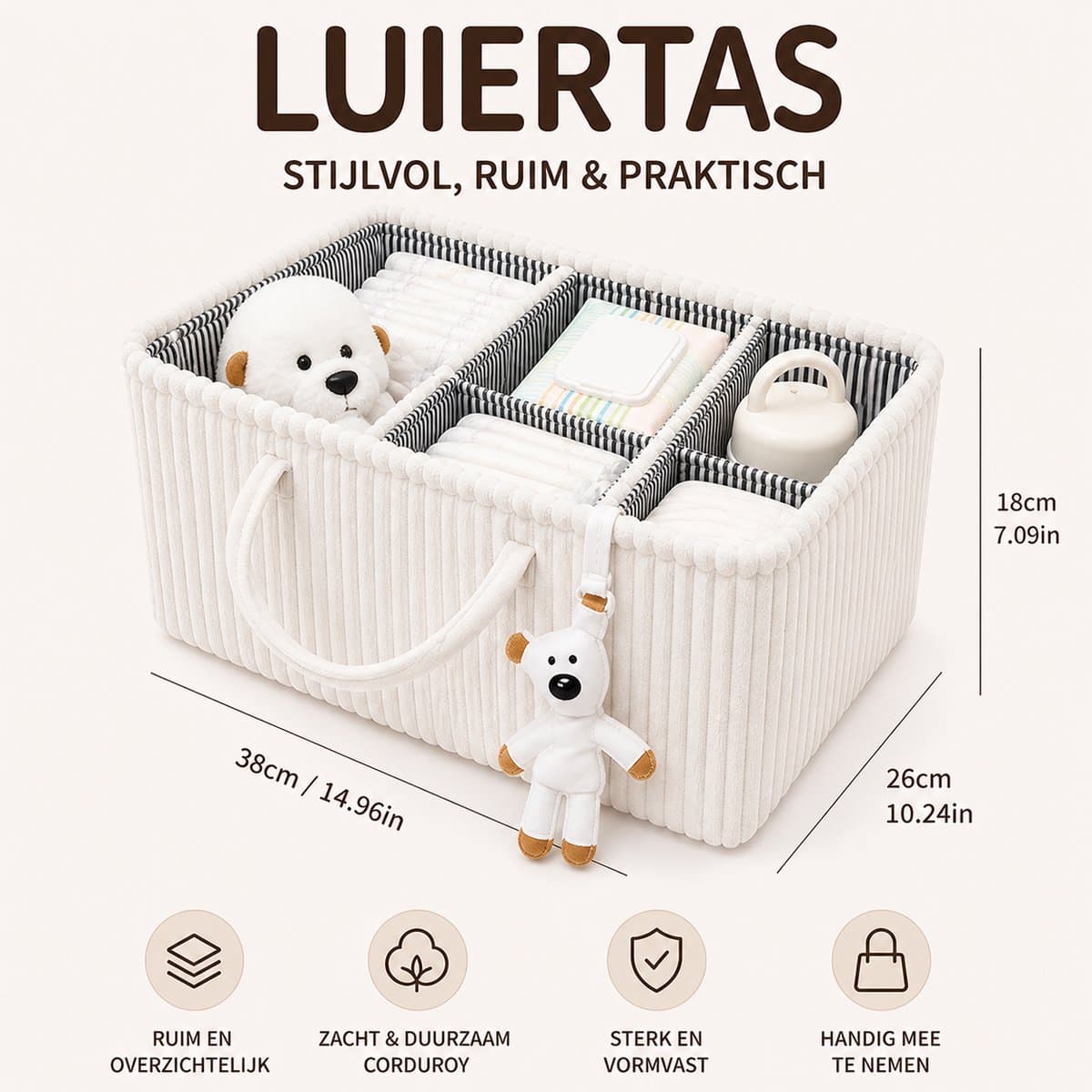 Opvouwbare Luiertas Organizer Bruin - Corduroy Luiermand met Vakken en Verdelers - Baby Opbergmand voor Luiers, Doekjes en Accessoires - Draagbare Nursery Caddy - Wit thumbnail 4