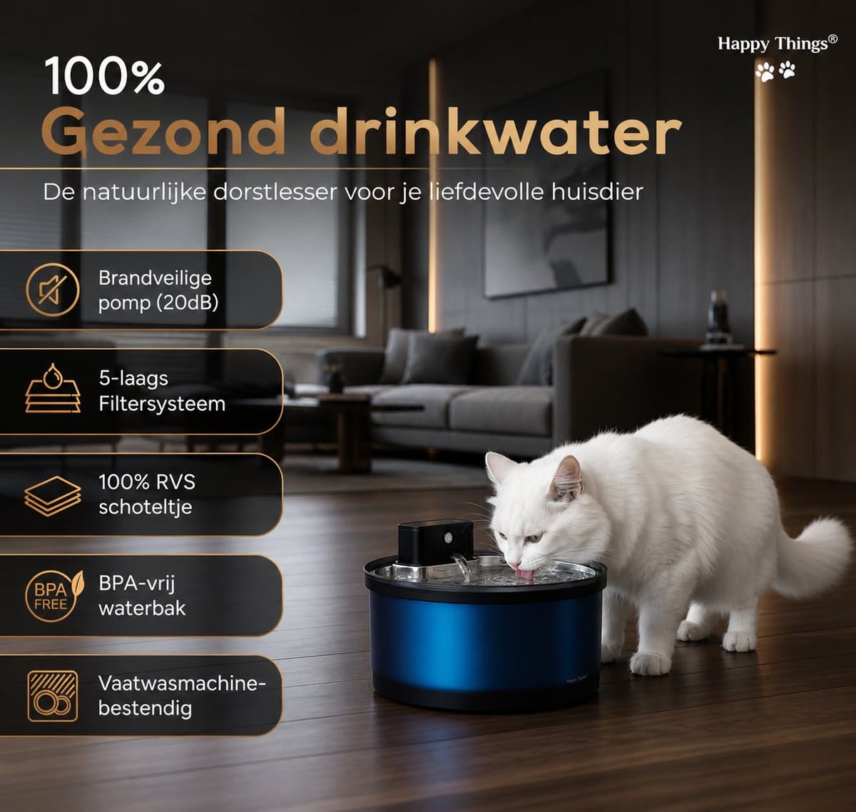 Happy Things® ZR20 Draadloze Drinkfontein met Sensor – 3.2L - RVS – Inclusief 4 Filters – Roestvrijstalen Schotel – Transparant Zwart – Kat & Hond Waterfontein thumbnail 2